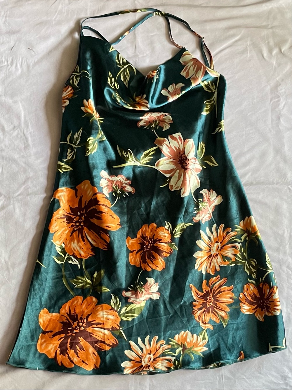 Deep Teal Floral Satin Cowl Neck Slip Dress - Strappy Criss Cross Back (S)